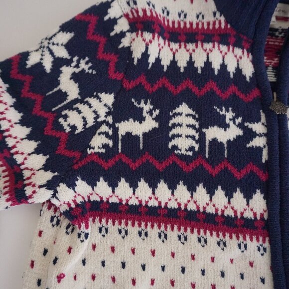 Vintage Tradition White Blue Red Winter Reindeer Snowflake Zip Up Sweater M - Picture 9 of 11